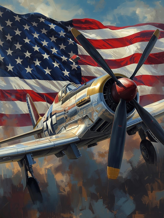 Paint by Number WWII Fighter Plane with American Flag – Patriotic Aviation Wall Art Canvas DIY Kit for Adults