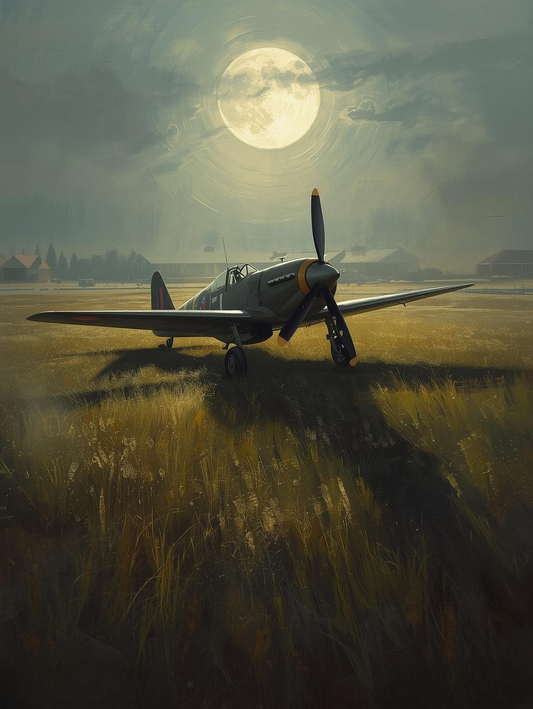 Paint by Number WWII Fighter Plane on a Moonlit Airfield – Night Aviation Wall Art Canvas DIY Kit for Adults