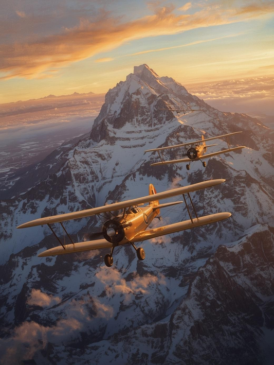 Paint by Number WWII Fighter Planes Over Golden Mountains at Sunrise – Epic Aviation Wall Art Canvas DIY Kit for Adults