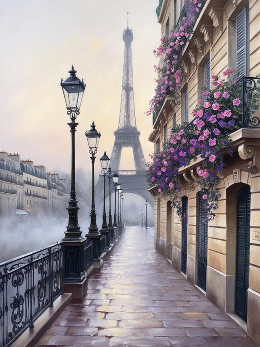 Paint By Number Parisian Street with the Eiffel Tower at Dawn