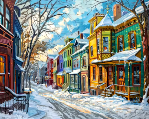 Peaceful Winter Evening in Town Paint By Number