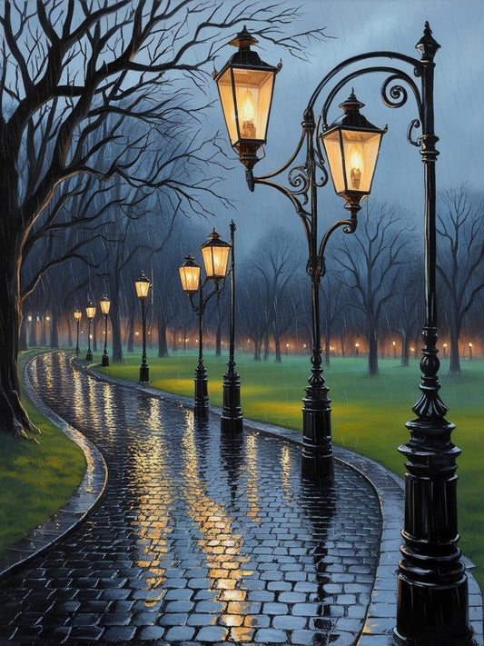 Paint By Number Rainy Park Path with Lanterns