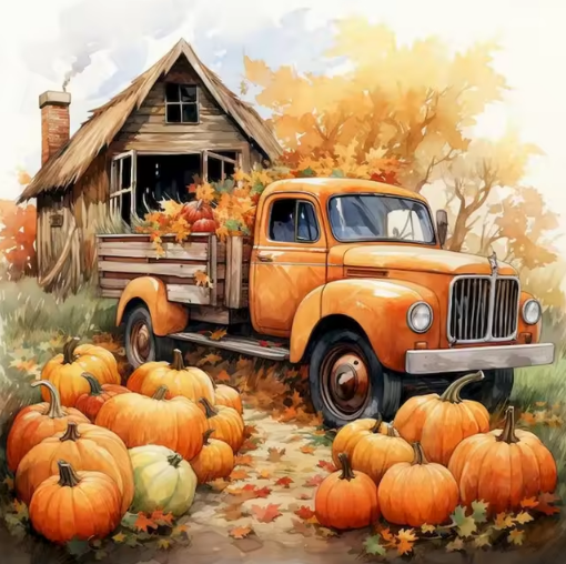 Rustic Rides Old Truck and Pumpkin Loads Paint by Number