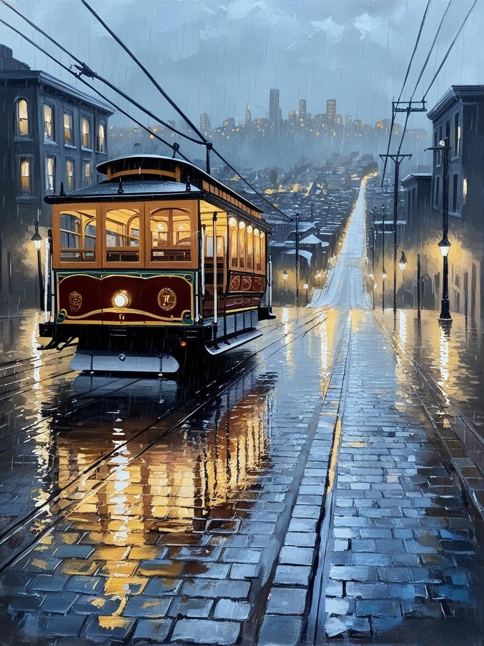 Paint By Number San Francisco – Vintage Cable Car on a Rainy Night