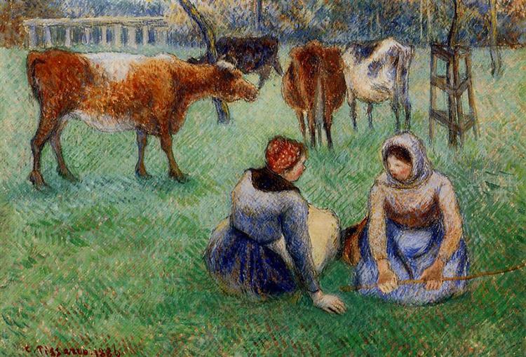 Paint by Number Seated Peasants Watching Cows - Camille Pissarro