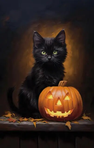 Shadowed Harvest Black Cat and Pumpkin