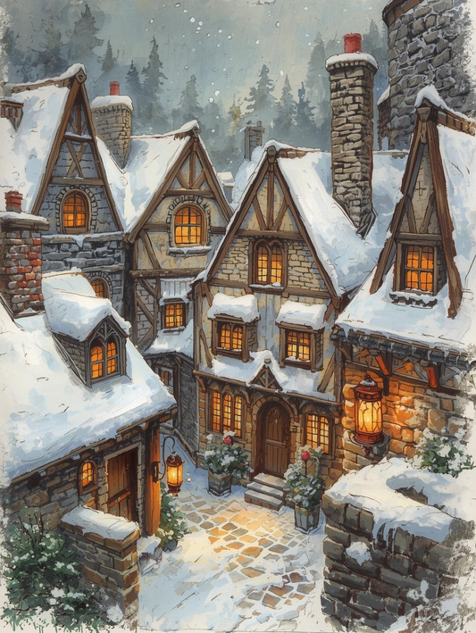 Paint by Number Snow-Covered Medieval Hamlet