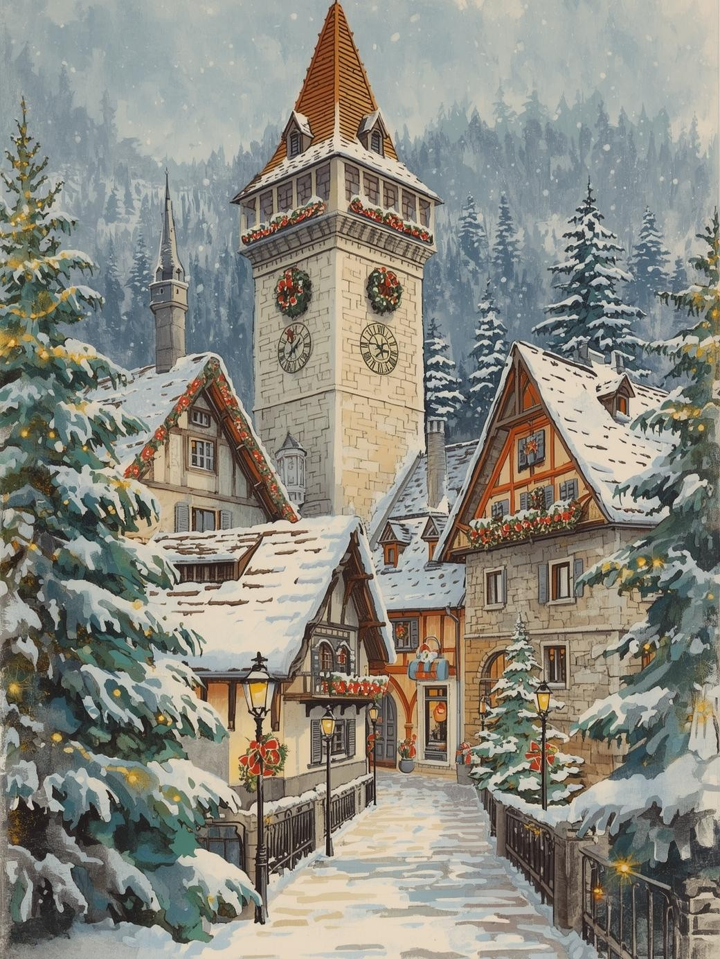 Paint by Number Snowy Swiss Clocktower Village