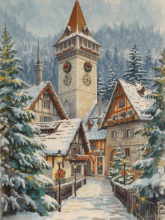 Paint by Number Snowy Swiss Clocktower Village