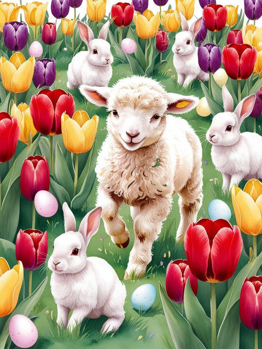 Paint By Number Springtime Playmates Lambs and Bunnies in the Meadow