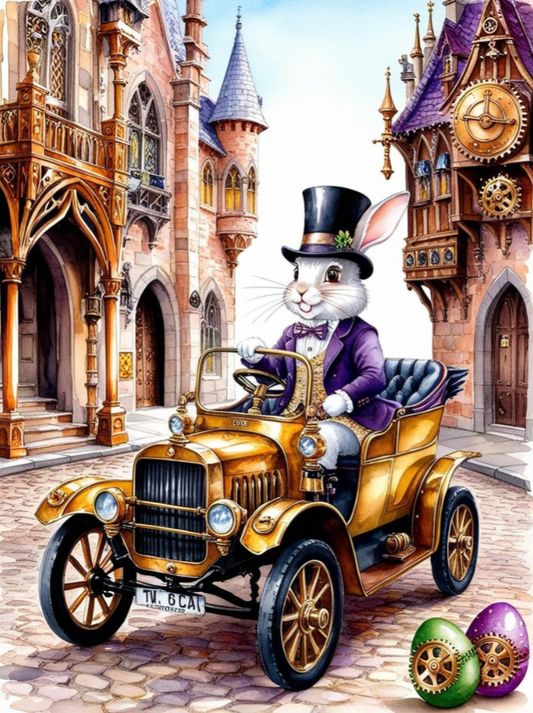 Paint by Number Steampunk Easter Bunny in a Golden Vintage Car