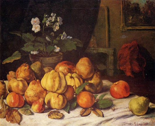 Still Life Apples, Pears and Flowers on a Table, Saint Pelagie - Gustave Courbet