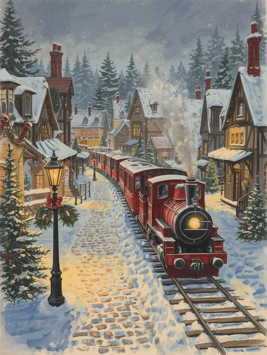 Paint by Number Train Through Snowy Village