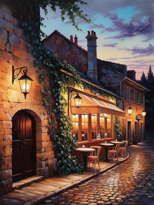 Paint By Number Twilight Café on a Cobblestone Lane