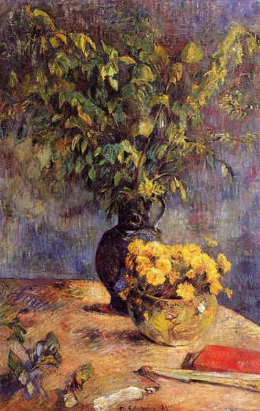 Two vases of flowers and a fan - Paul Gauguin