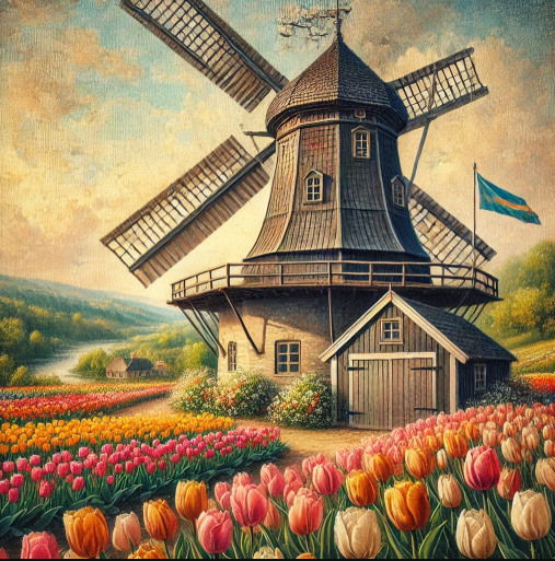 Paint By Number Windmill Nestled Among Tulip Blossoms