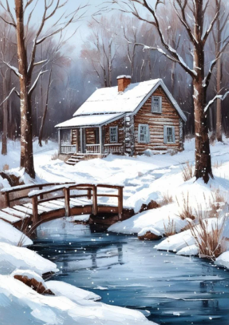 Paint by Number Snowy Cabin in the Woods