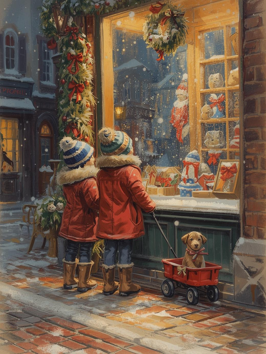 Paint by Number Alpine Christmas Magic – Children and Puppy at the Toy Shop Window