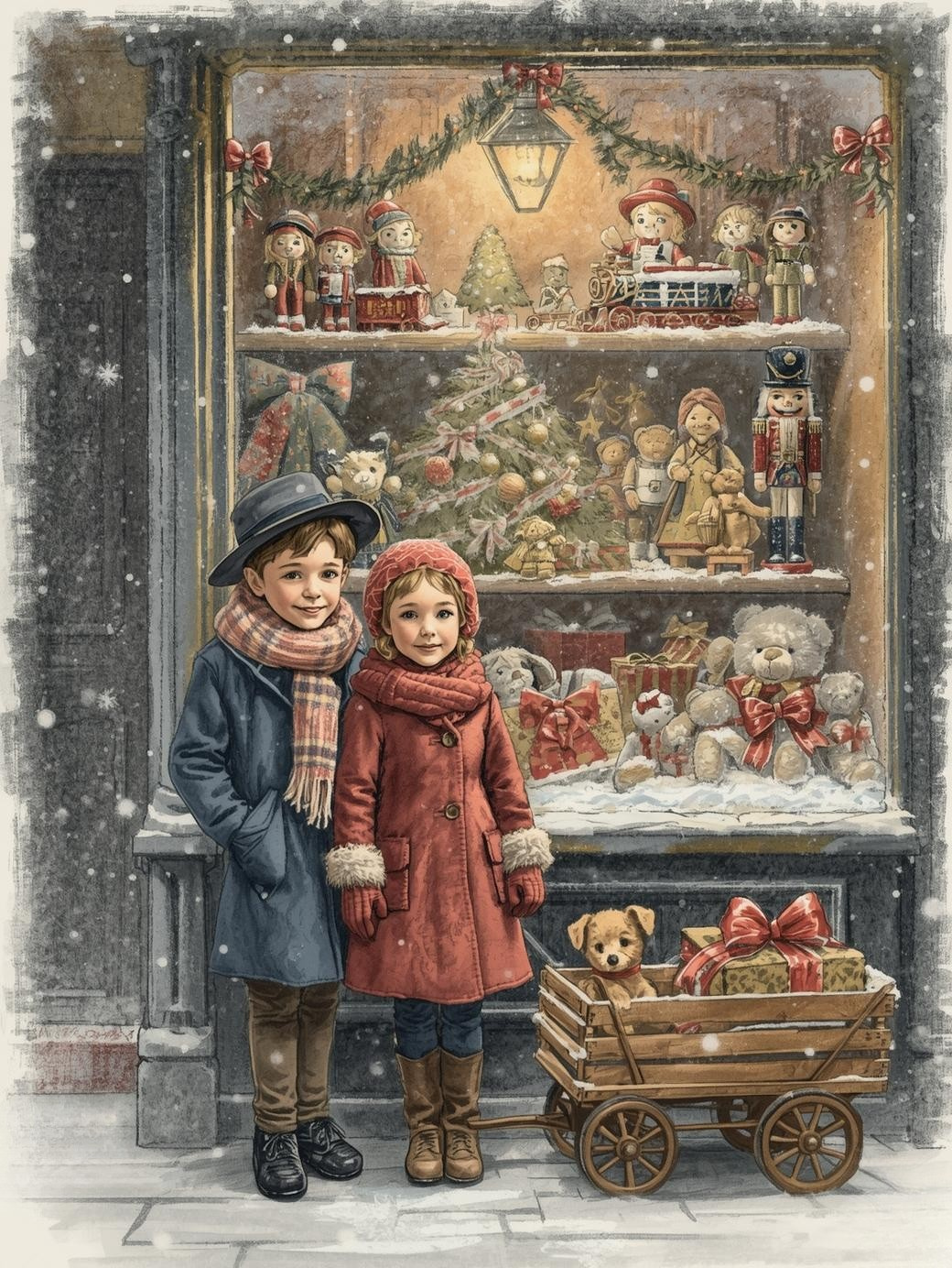 Paint by Number Children and Puppy at a Snowy Shop Window