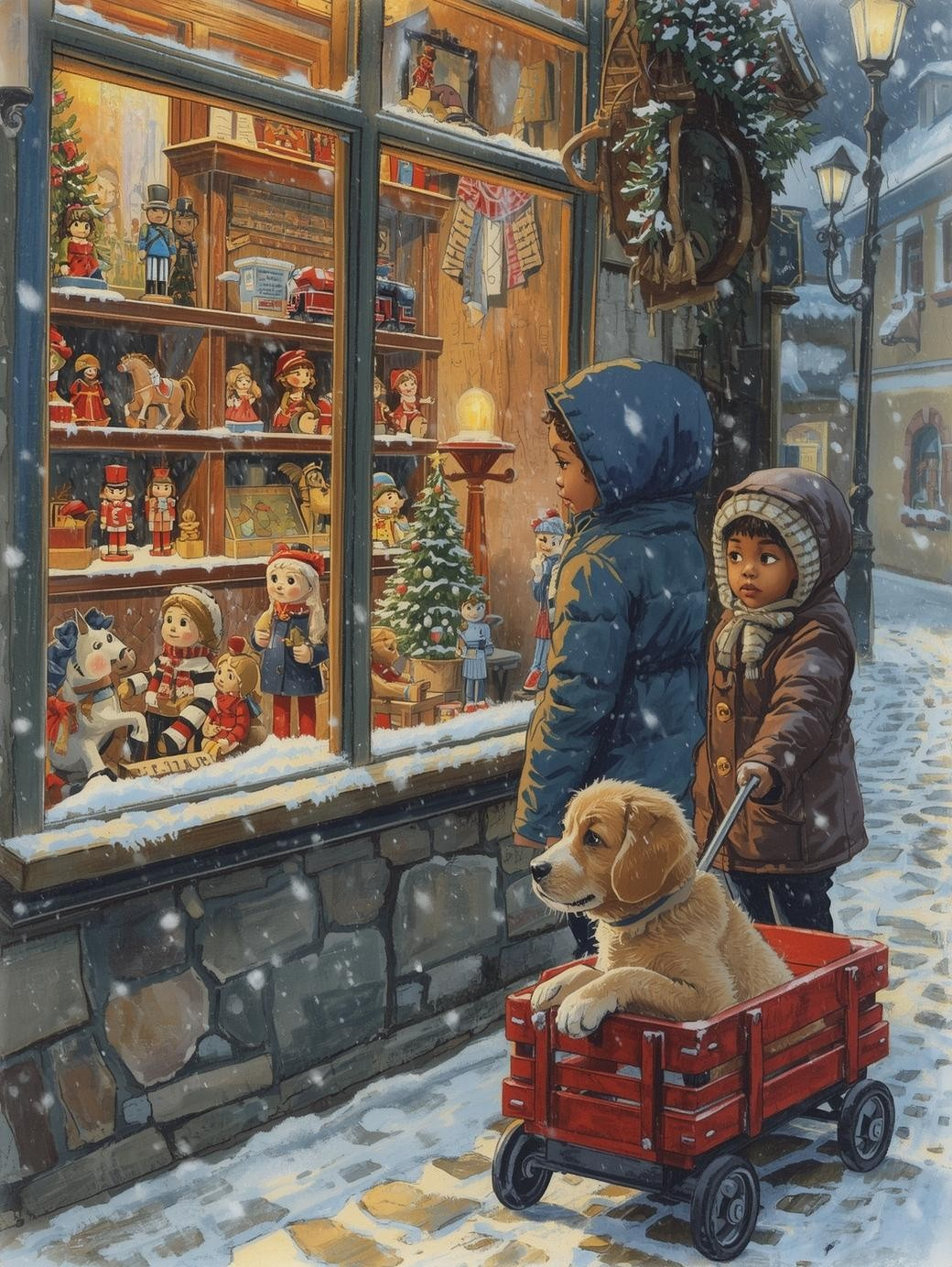 Paint by Number Holiday Wonder in the Alps – Children and Puppy at Shop Window