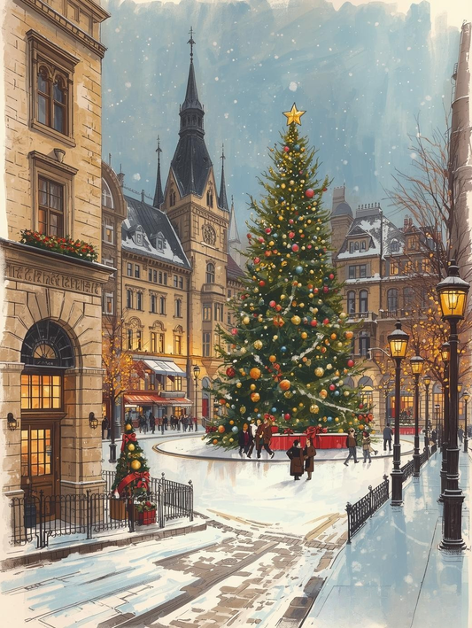 Paint by Number Twinkling Trees and Cobblestone Streets
