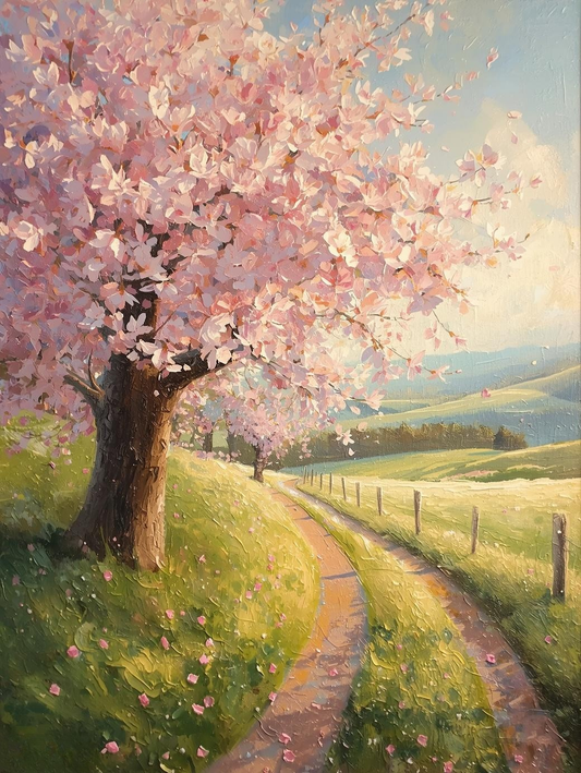 Paint By Number Blooming Cherry Blossom Tree – Adult Canvas DIY Kit, Colorful Spring Garden & Flower Scene