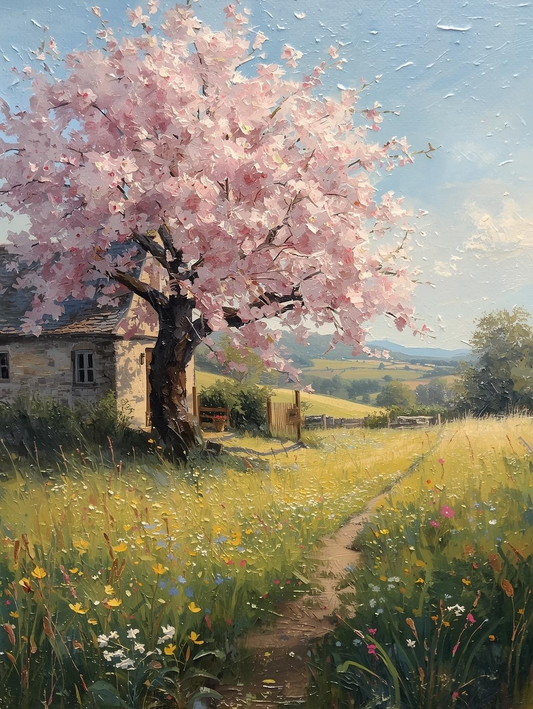 Paint By Number Country Cottage with Cherry Blossom Tree – Blooming Spring Canvas Kit for Adults, Serene Flower Garden & Countryside Scene