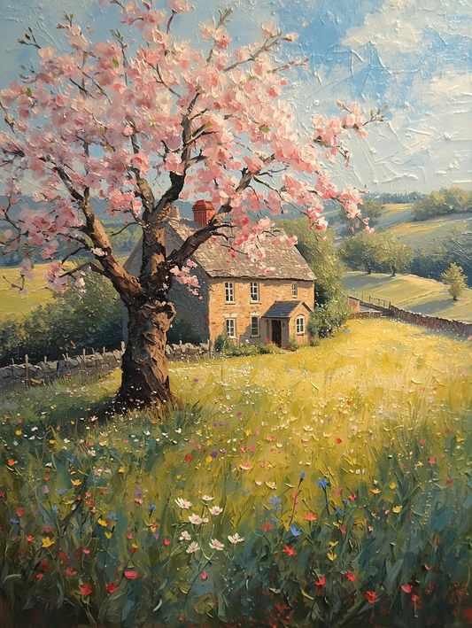 Paint by Number Cherry Blossom Tree Near a Countryside Cottage