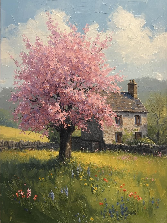 Paint by Number Cherry Blossoms in Front of a Vintage Cottage