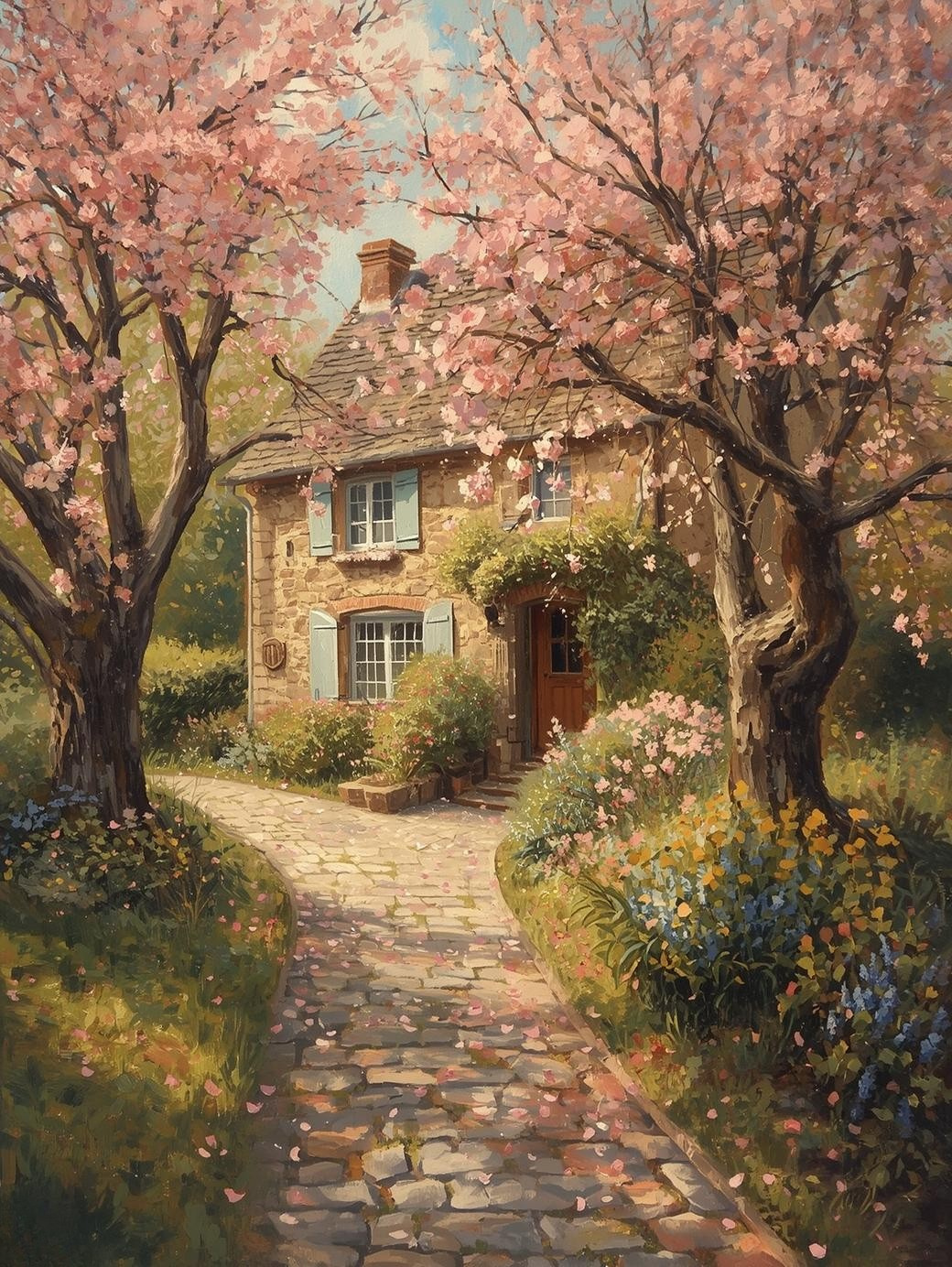 Paint by Number Cherry Blossoms Along a Winding Cottage Lane