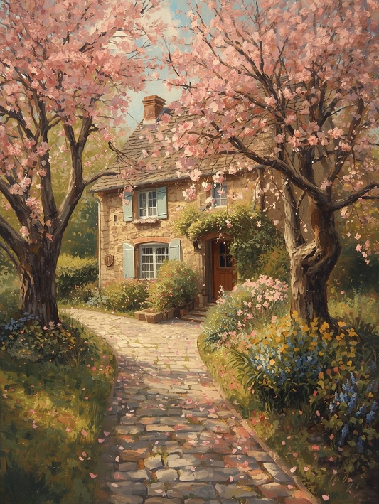 Paint by Number Cherry Blossoms Along a Winding Cottage Lane