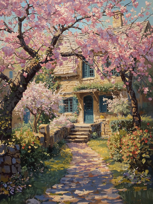 Paint By Number European Cottage with Cherry Blossom Tree – Adult DIY Canvas Kit, Serene Cottage Garden & Blooming Flowers