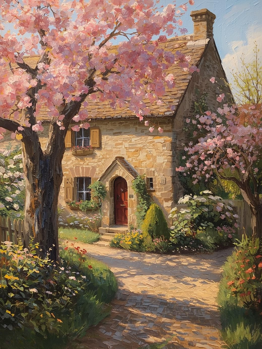 Paint by Number Cherry Blossom Tree in a Romantic Country Garden