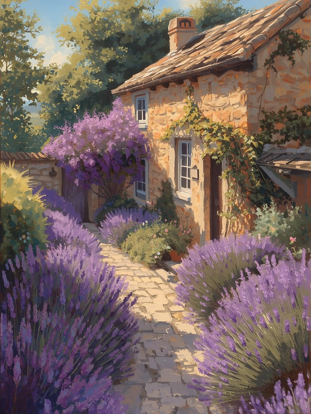 Paint By Number Cottage Path with Lilacs – Adult Canvas DIY Kit, Serene Purple Flowers & Cozy Countryside Painting