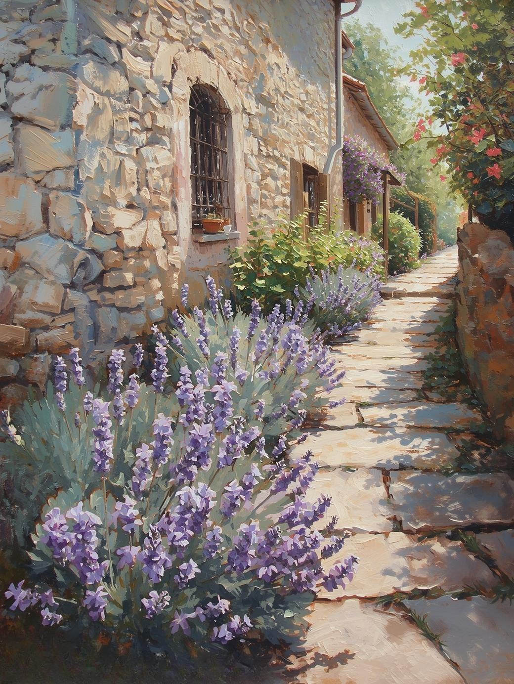 Paint By Number Lilacs Along a Stone Cottage Path – Adult Canvas DIY Kit, Romantic Purple Flowers & Serene Country Garden Painting
