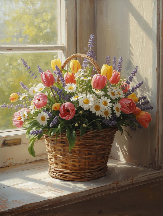 Paint by Number Tulips in Morning Light – Serene Floral Canvas DIY Kit for Adults, Soft Sunrise Garden Painting