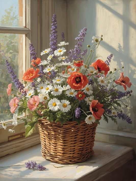 Paint by Number Country Basket of Wildflowers – Vibrant Rustic Floral Canvas Kit for Adults