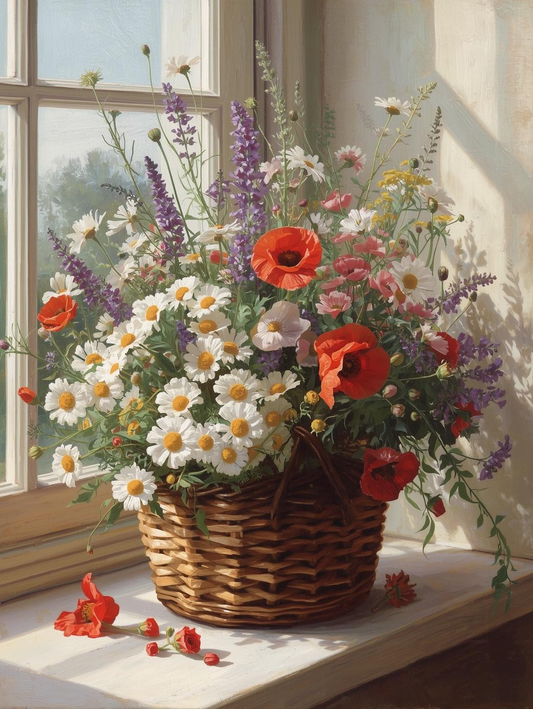 Paint by Number Garden Wildflowers in Basket – Colorful Spring Canvas Painting DIY Kit