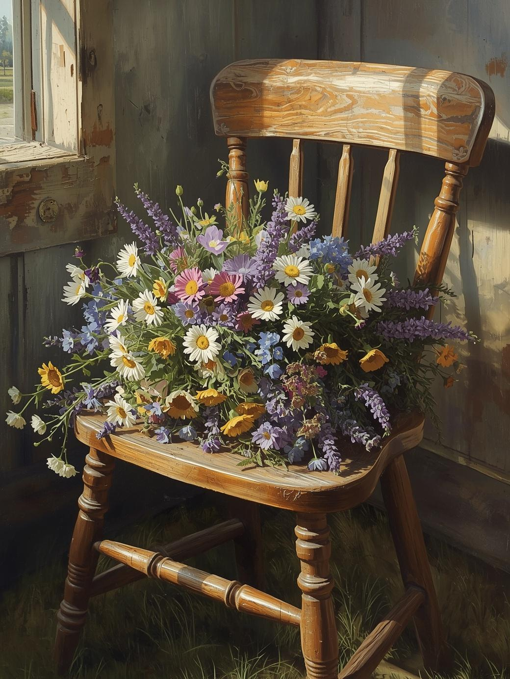 Paint by Number Rustic Basket of Garden Wildflowers – Colorful Floral Canvas Painting Kit for Adults