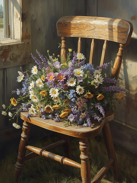 Paint by Number Rustic Basket of Garden Wildflowers – Colorful Floral Canvas Painting Kit for Adults