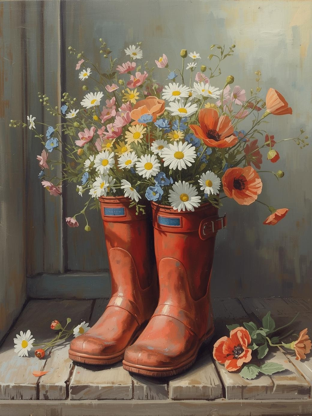 Paint by Number Rustic Boots Overflowing with Wildflowers – Vibrant Spring Garden Canvas DIY Kit for Adults