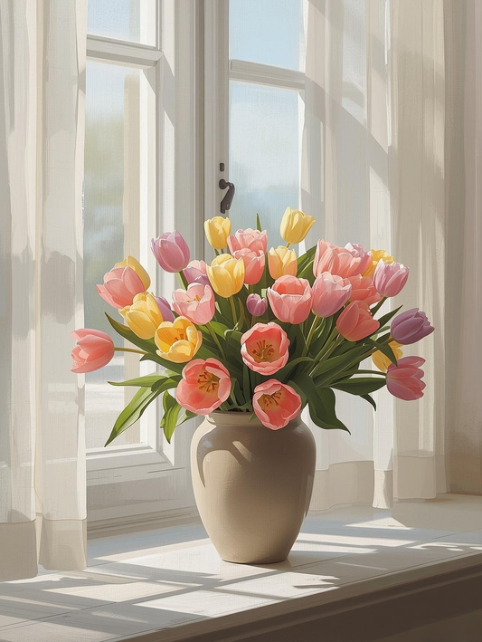 Paint by Number Tulips and Spring Sunshine – Bright DIY Canvas Kit for Adults, Cheerful Floral Garden Art