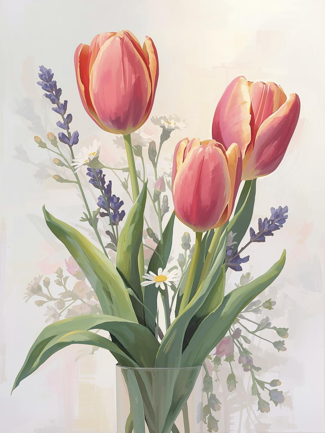Paint by Number Vintage Tulip Bouquet – Elegant Floral Canvas DIY Kit for Adults, Classic Spring Flower Painting