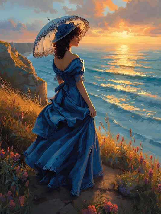 Paint by Number Victorian Woman with Parasol on Cliffside