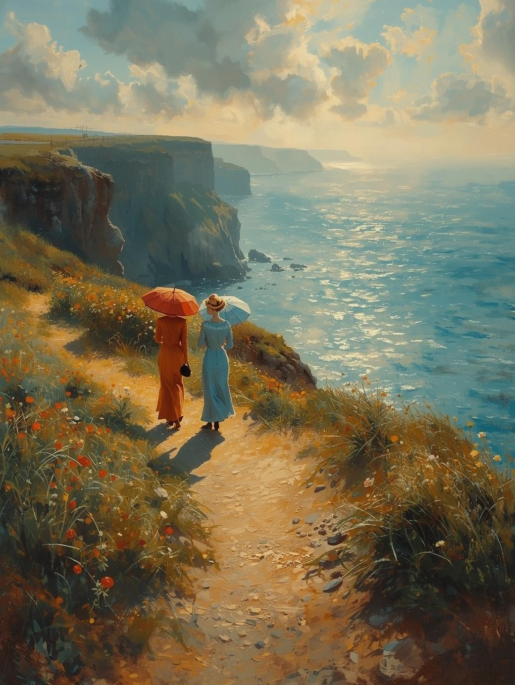 Paint by Number Elegant Women with Parasol by the Ocean