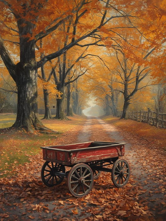 Paint by Number Old Wooden Wagon on Autumn Path