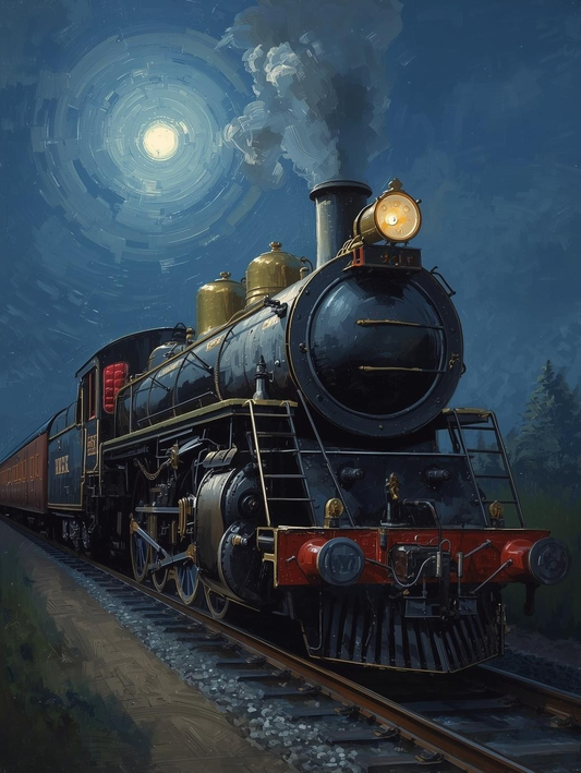 Paint by Number Steam Train Under Moonlight – Serene Night Scene Acrylic Paint by Number Kit