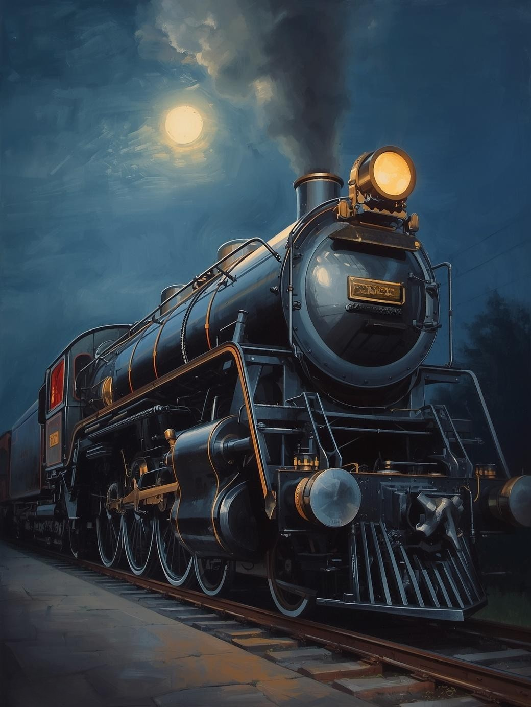 Paint by Number Vintage Locomotive on a Moonlit Night – Soft Glow Paint by Number Canvas Kit