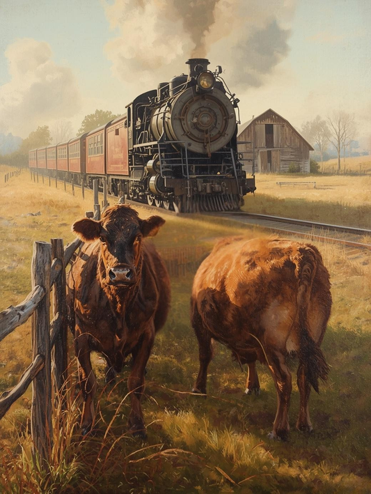 Paint by Number Steam Train Rolling Past a Peaceful Farm with Grazing Cows – Rustic Landscape Acrylic Paint by Number Kit