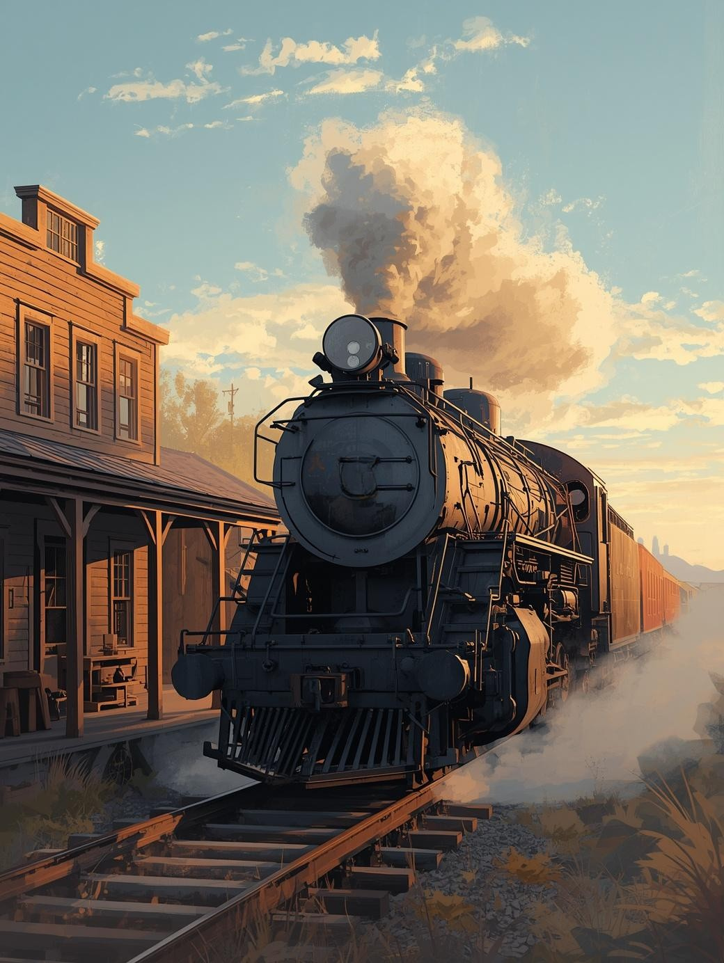 Paint by Number Steam Train Rolling Through a Dusty Wild West Town – Classic Frontier Acrylic Paint by Number Kit